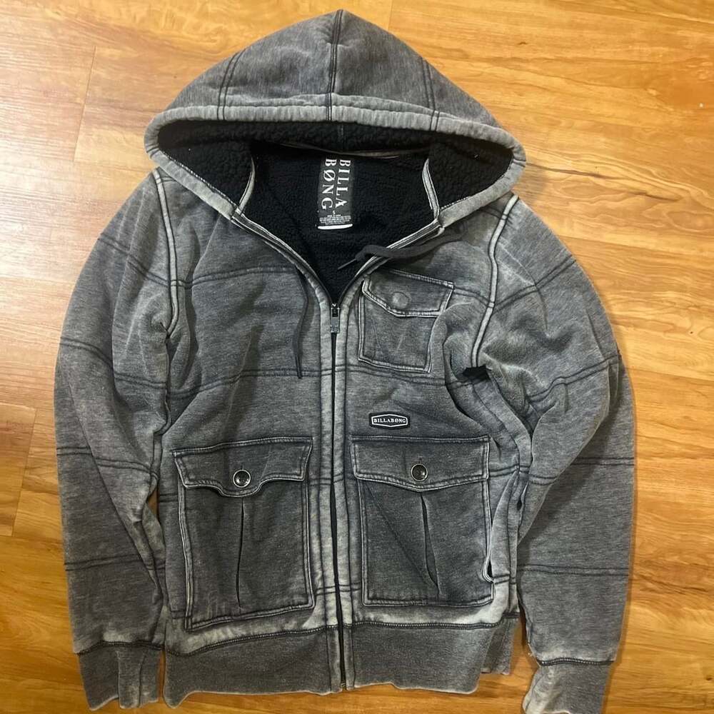 Billabong Sherpa Lined Zip Hoodie Size S Grey Acid Wash